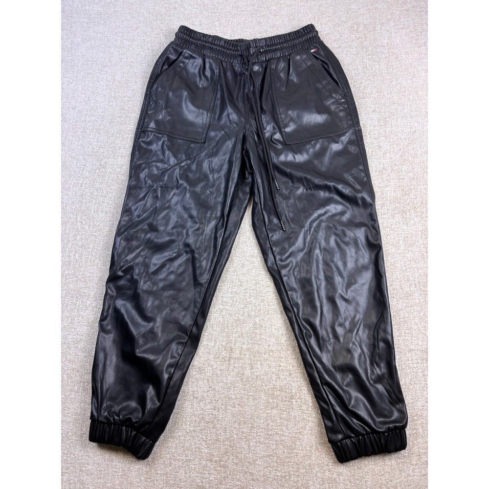 Tommy Jeans Womens Faux Leather Jogger Pants Black Elastic Waist Pockets S
